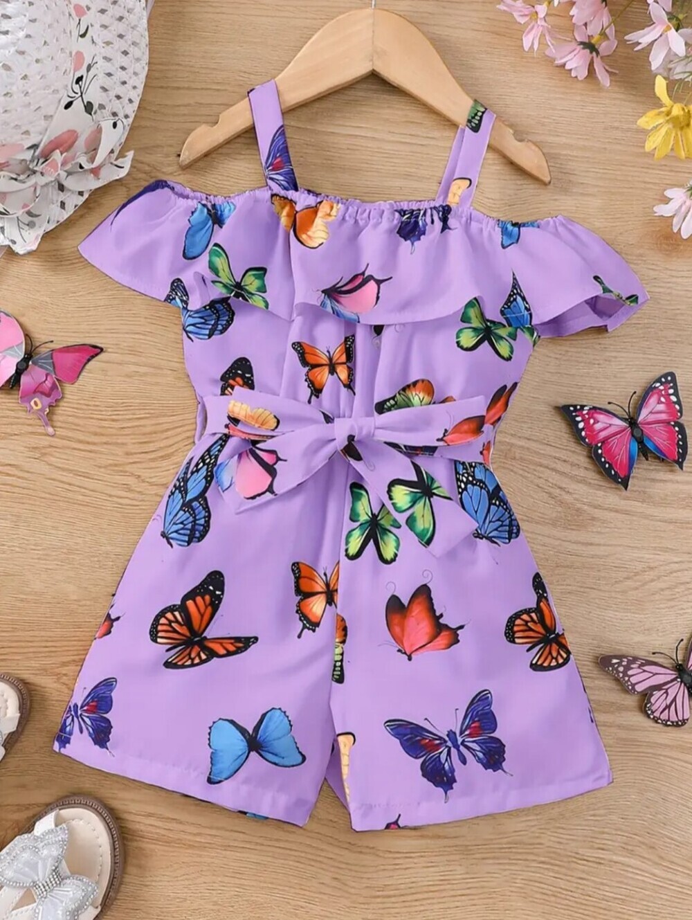 Colorful Girls Lavender Butterfly Print Off-Shoulder Romper